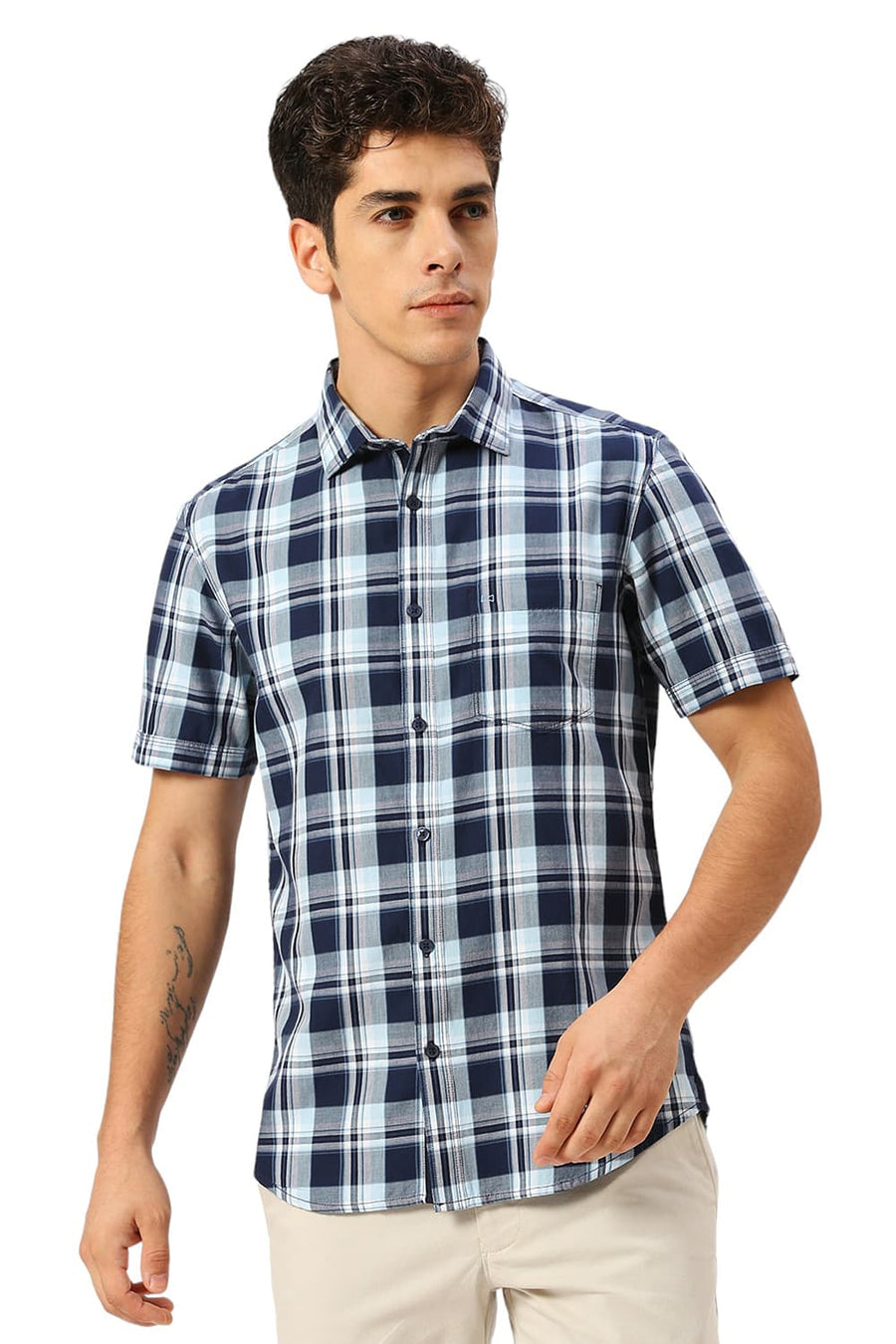 BASICS SLIM FIT OCEAN BLUE COTTON TWILL CHECKS HALFSLEEVES SHIRT
