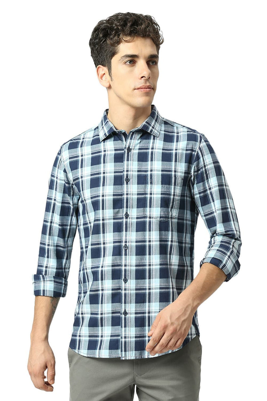 BASICS SLIM FIT OCEAN BLUE COTTON TWILL CHECKS SHIRT