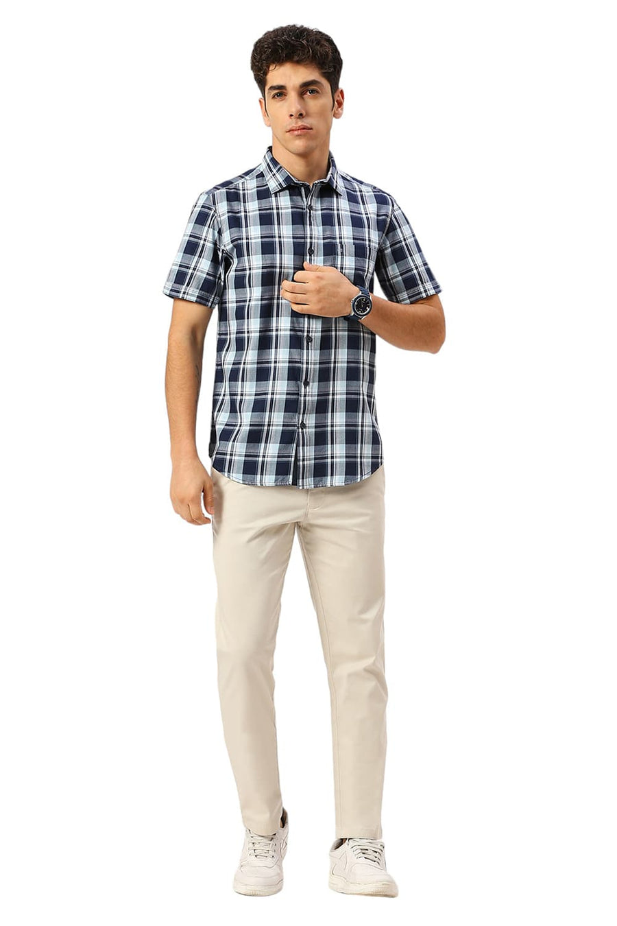 BASICS SLIM FIT OCEAN BLUE COTTON TWILL CHECKS HALFSLEEVES SHIRT