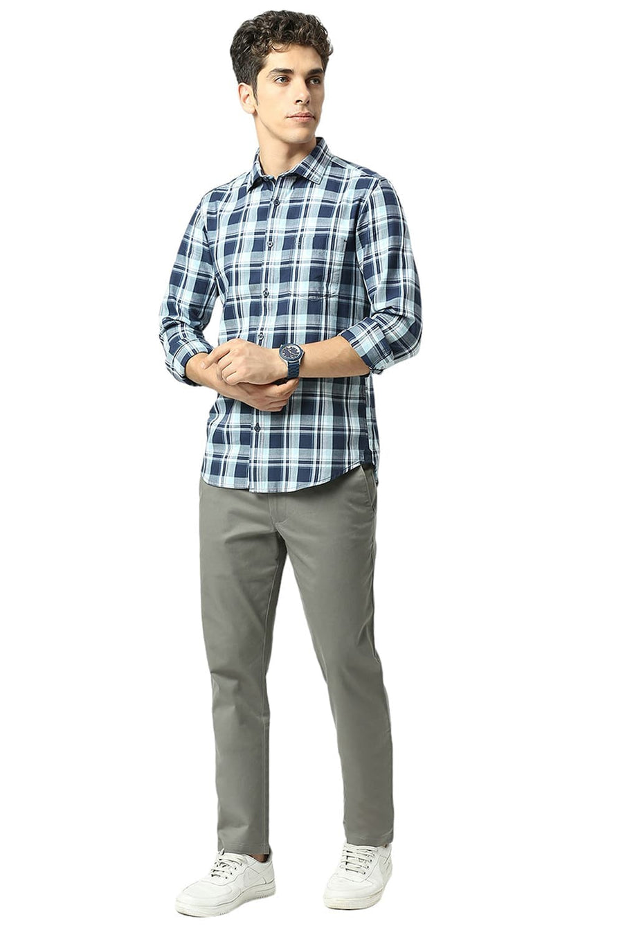 BASICS SLIM FIT OCEAN BLUE COTTON TWILL CHECKS SHIRT