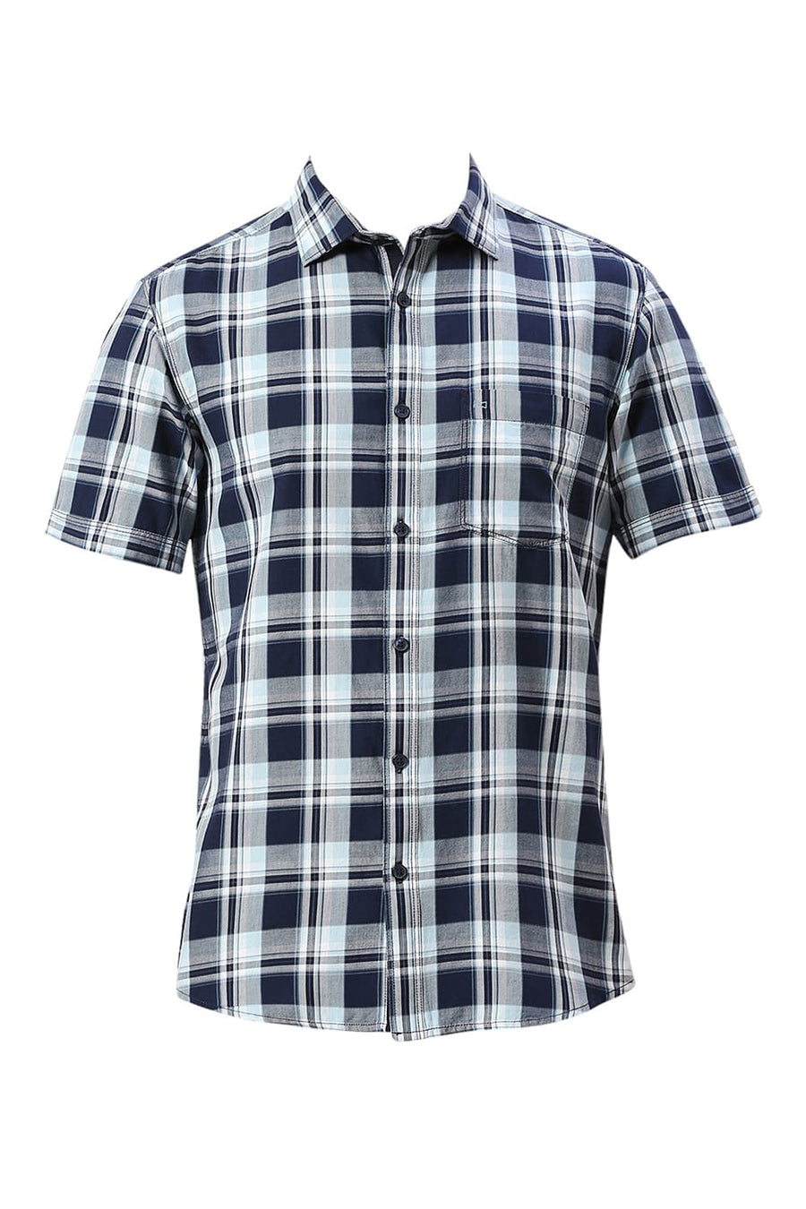 BASICS SLIM FIT OCEAN BLUE COTTON TWILL CHECKS HALFSLEEVES SHIRT