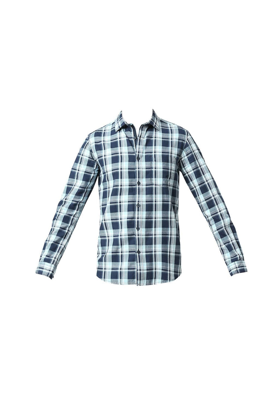 BASICS SLIM FIT OCEAN BLUE COTTON TWILL CHECKS SHIRT