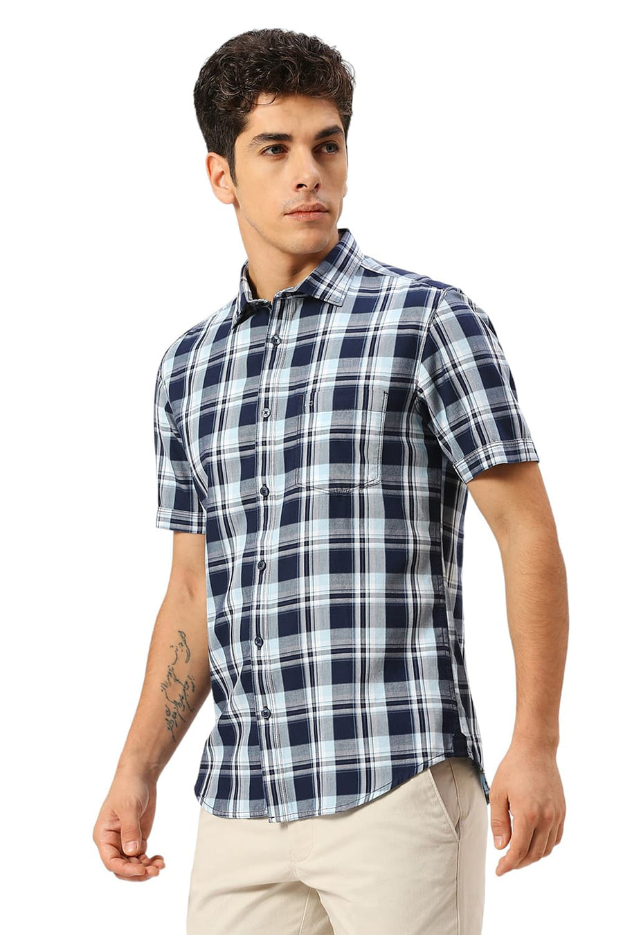 BASICS SLIM FIT OCEAN BLUE COTTON TWILL CHECKS HALFSLEEVES SHIRT