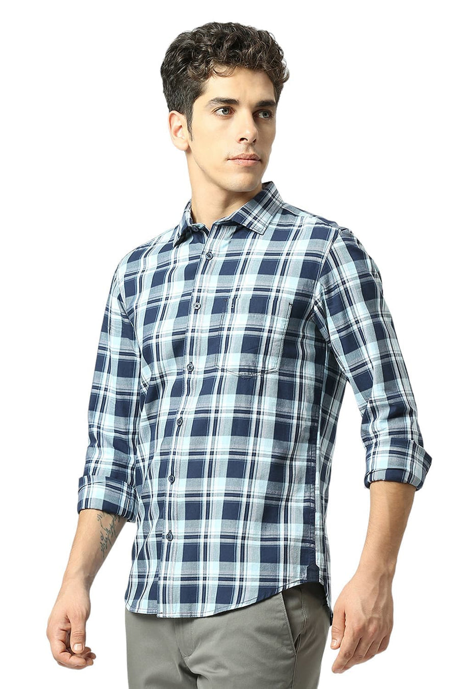 BASICS SLIM FIT OCEAN BLUE COTTON TWILL CHECKS SHIRT