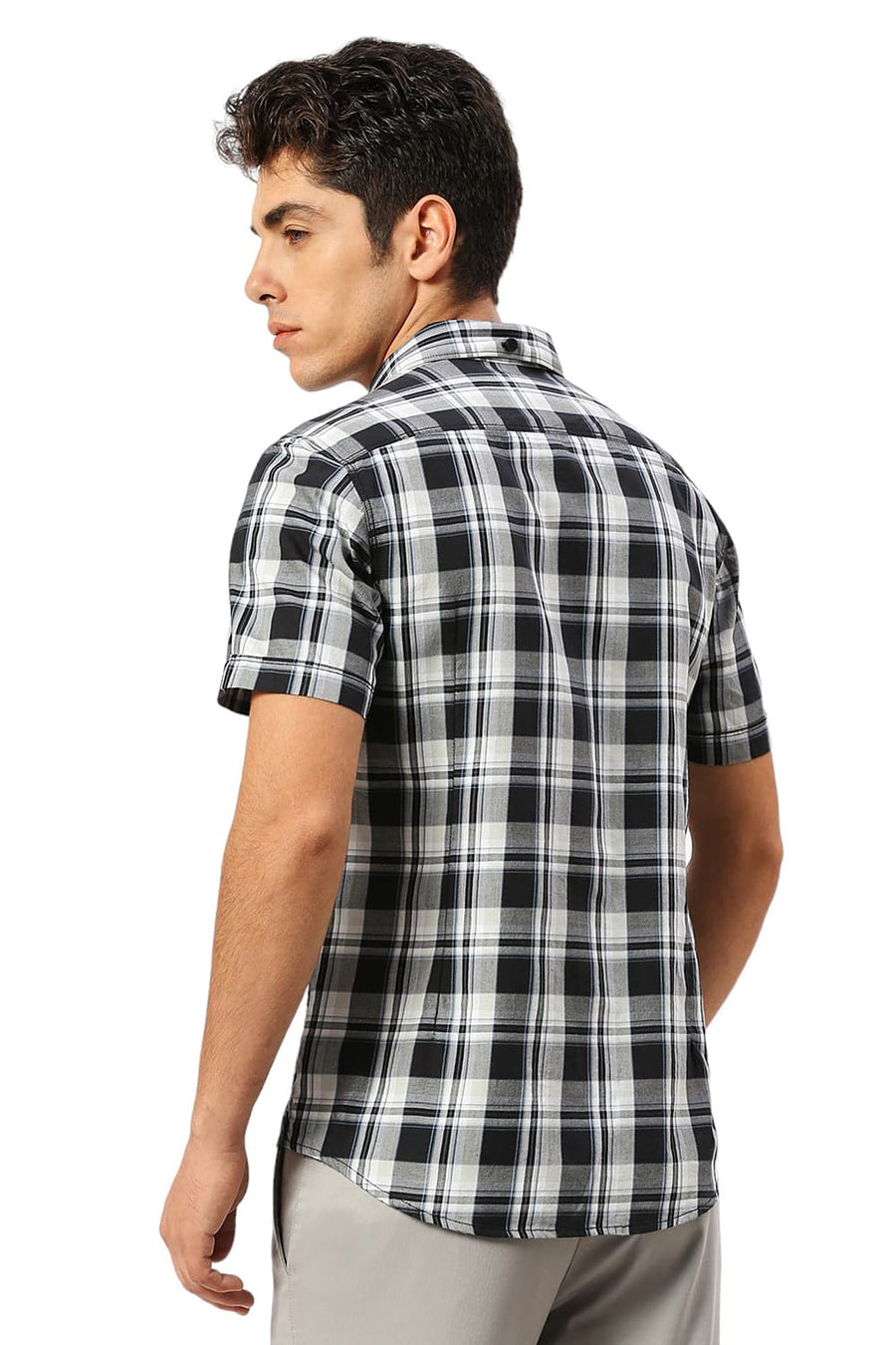 BASICS SLIM FIT ASPHALT BLACK COTTON TWILL CHECKS HALFSLEEVES SHIRT