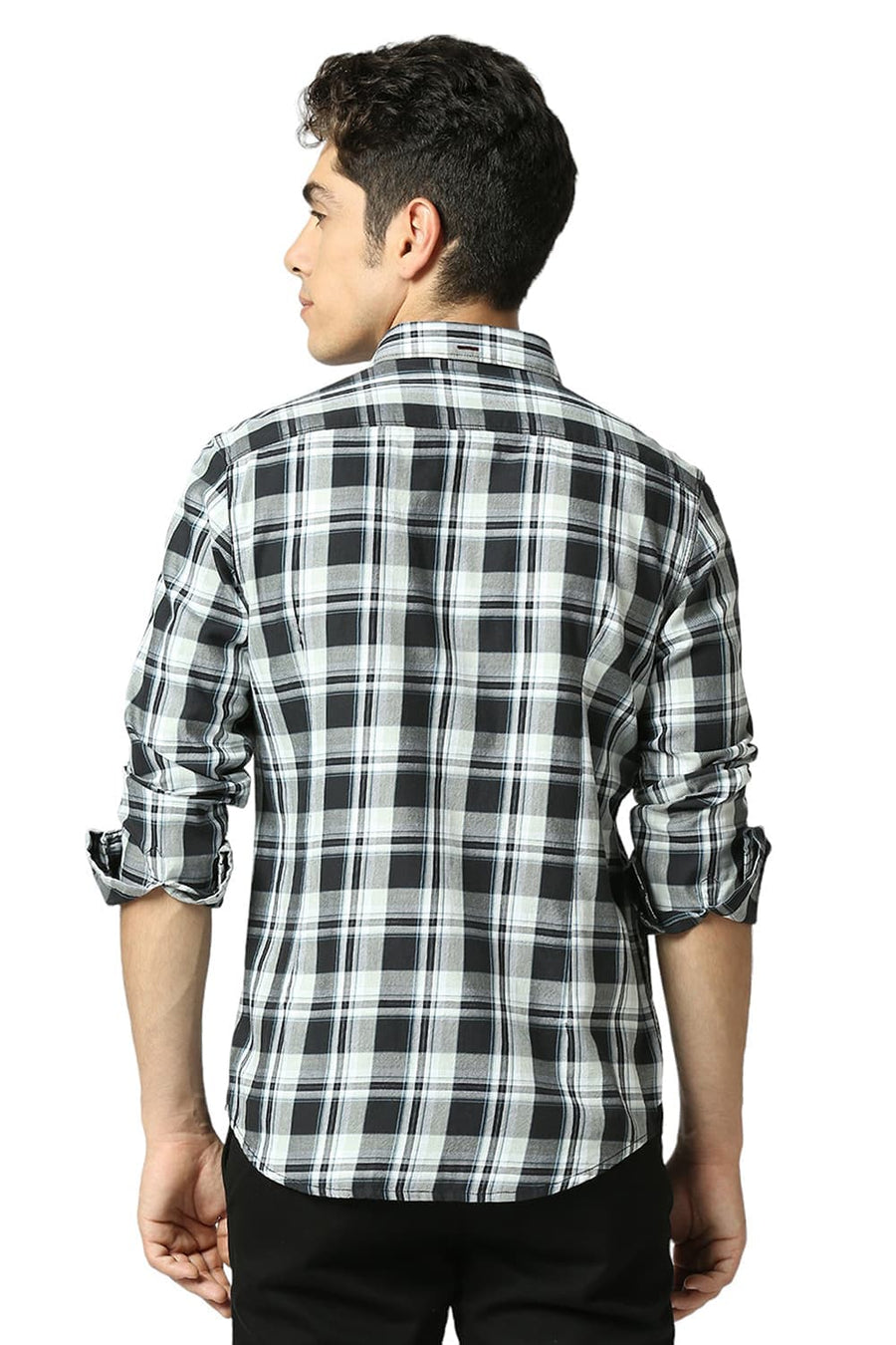 BASICS SLIM FIT ASPHALT BLACK COTTON TWILL CHECKS SHIRT