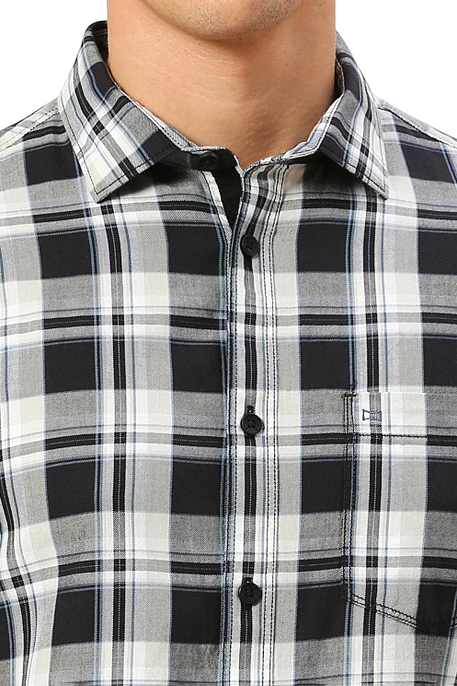 BASICS SLIM FIT ASPHALT BLACK COTTON TWILL CHECKS HALFSLEEVES SHIRT