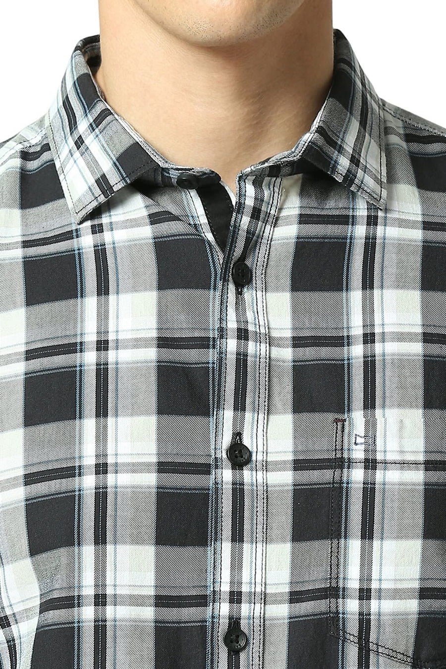 BASICS SLIM FIT ASPHALT BLACK COTTON TWILL CHECKS SHIRT