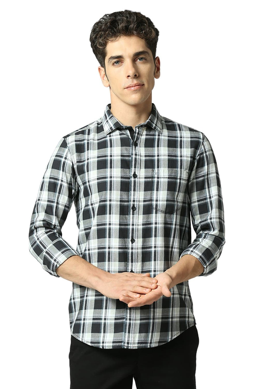 BASICS SLIM FIT ASPHALT BLACK COTTON TWILL CHECKS SHIRT