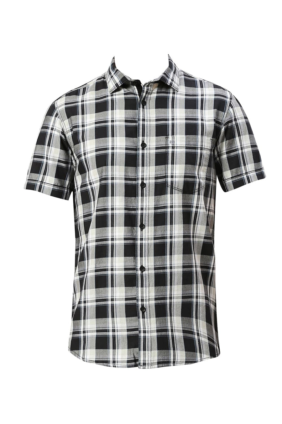 BASICS SLIM FIT ASPHALT BLACK COTTON TWILL CHECKS HALFSLEEVES SHIRT