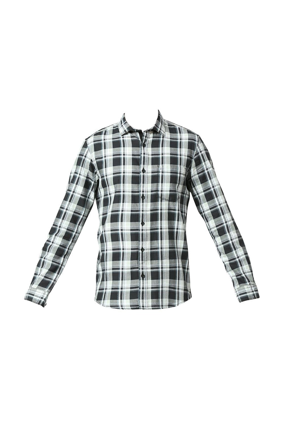 BASICS SLIM FIT ASPHALT BLACK COTTON TWILL CHECKS SHIRT