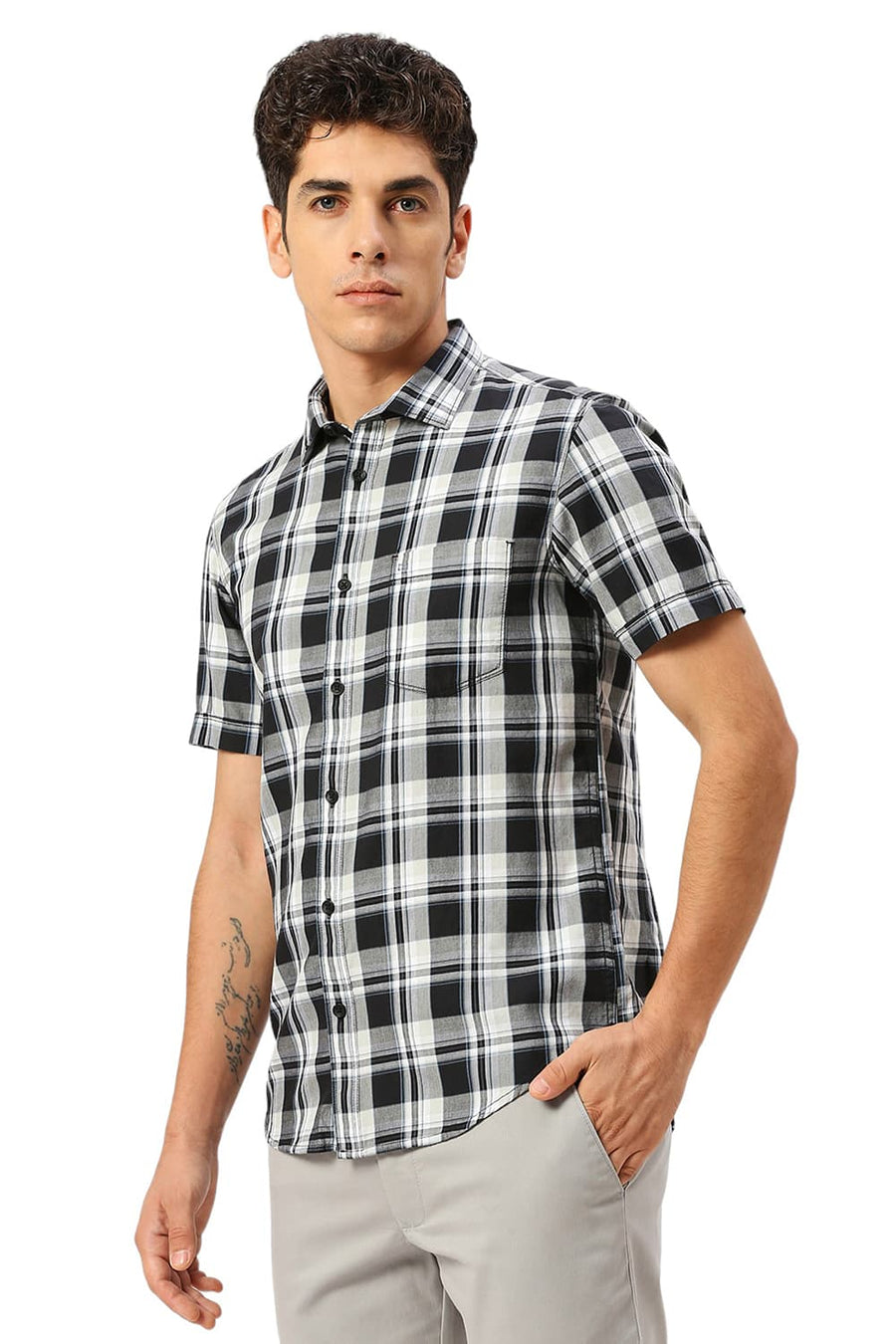 BASICS SLIM FIT ASPHALT BLACK COTTON TWILL CHECKS HALFSLEEVES SHIRT