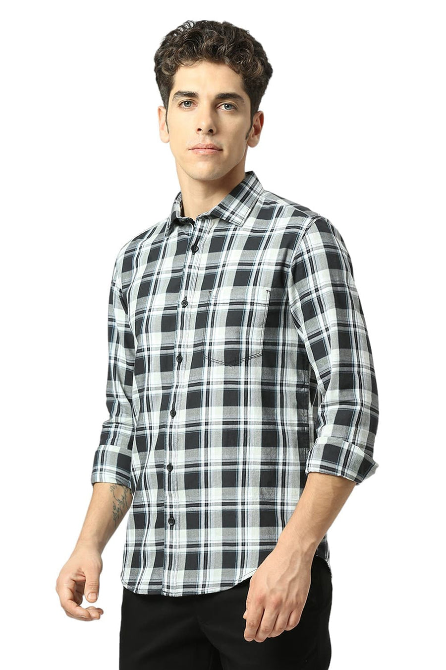 BASICS SLIM FIT ASPHALT BLACK COTTON TWILL CHECKS SHIRT