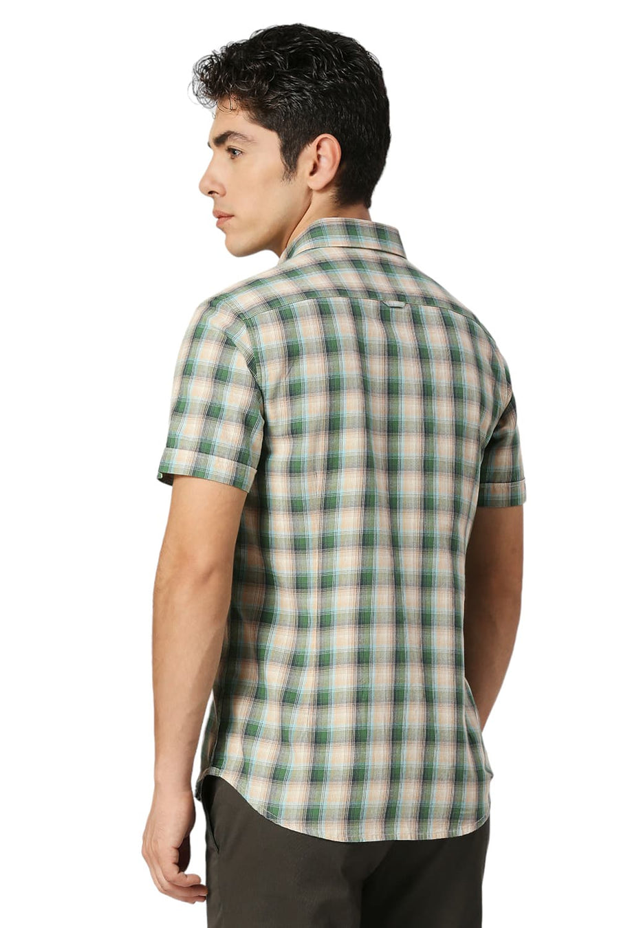 BASICS SLIM FIT DILL GREEN COTTON TWILL CHECKS HALFSLEEVES SHIRT