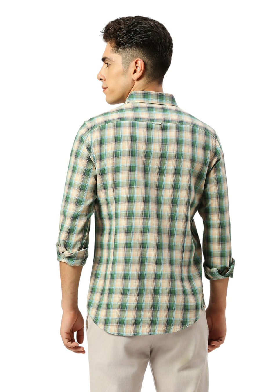 BASICS SLIM FIT DILL GREEN COTTON TWILL CHECKS SHIRT