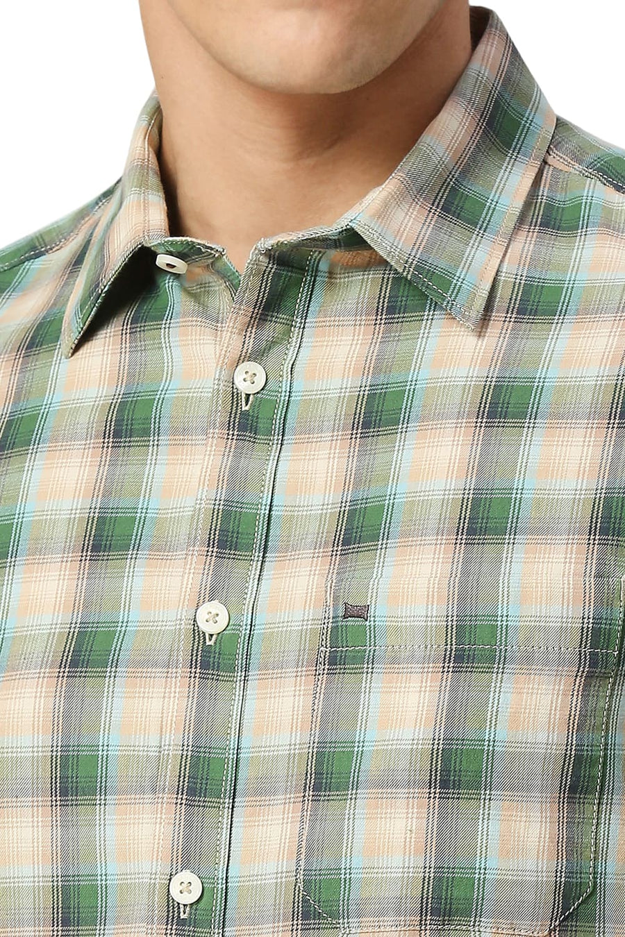 BASICS SLIM FIT DILL GREEN COTTON TWILL CHECKS HALFSLEEVES SHIRT
