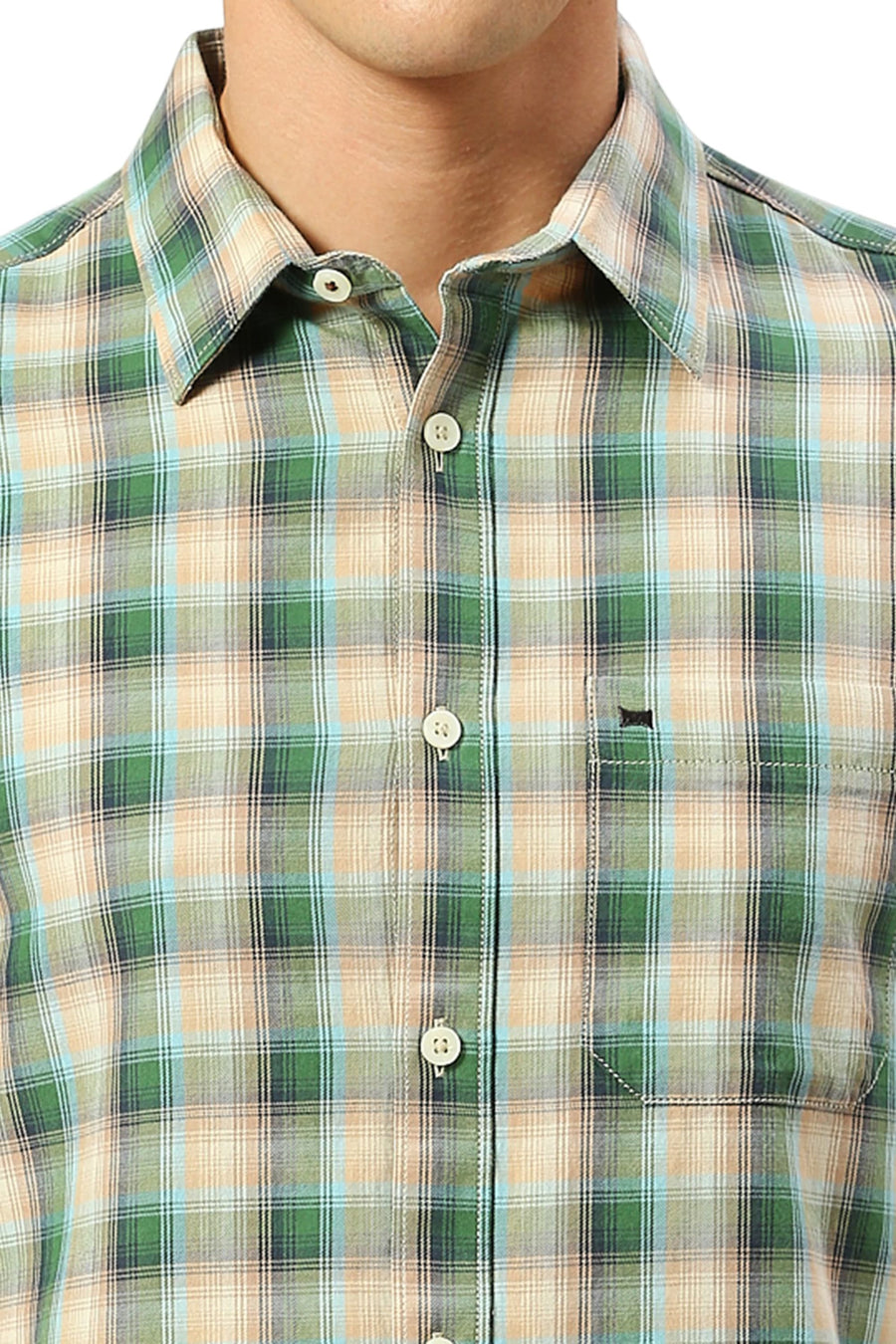 BASICS SLIM FIT DILL GREEN COTTON TWILL CHECKS SHIRT