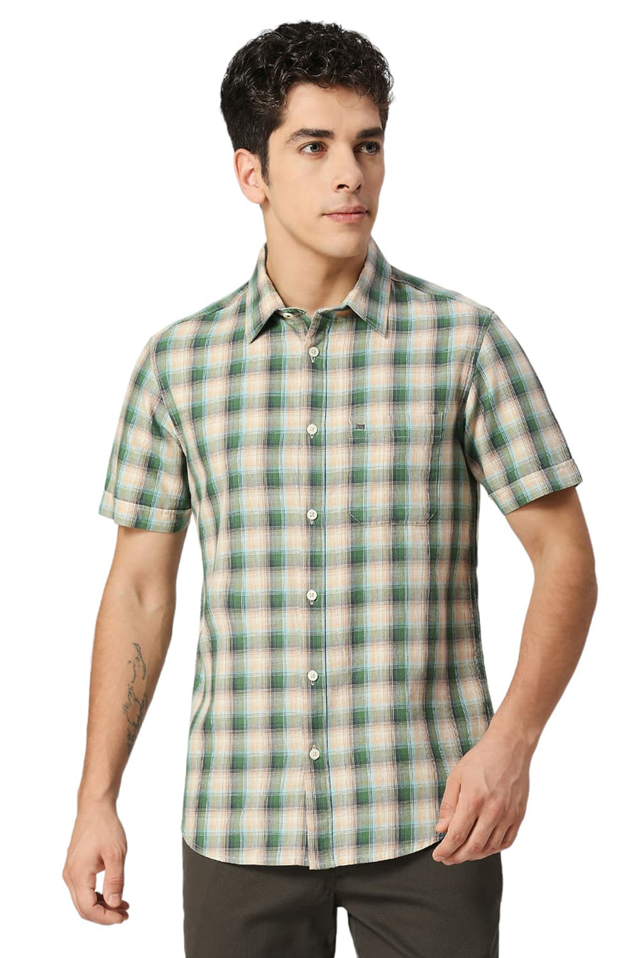 BASICS SLIM FIT DILL GREEN COTTON TWILL CHECKS HALFSLEEVES SHIRT