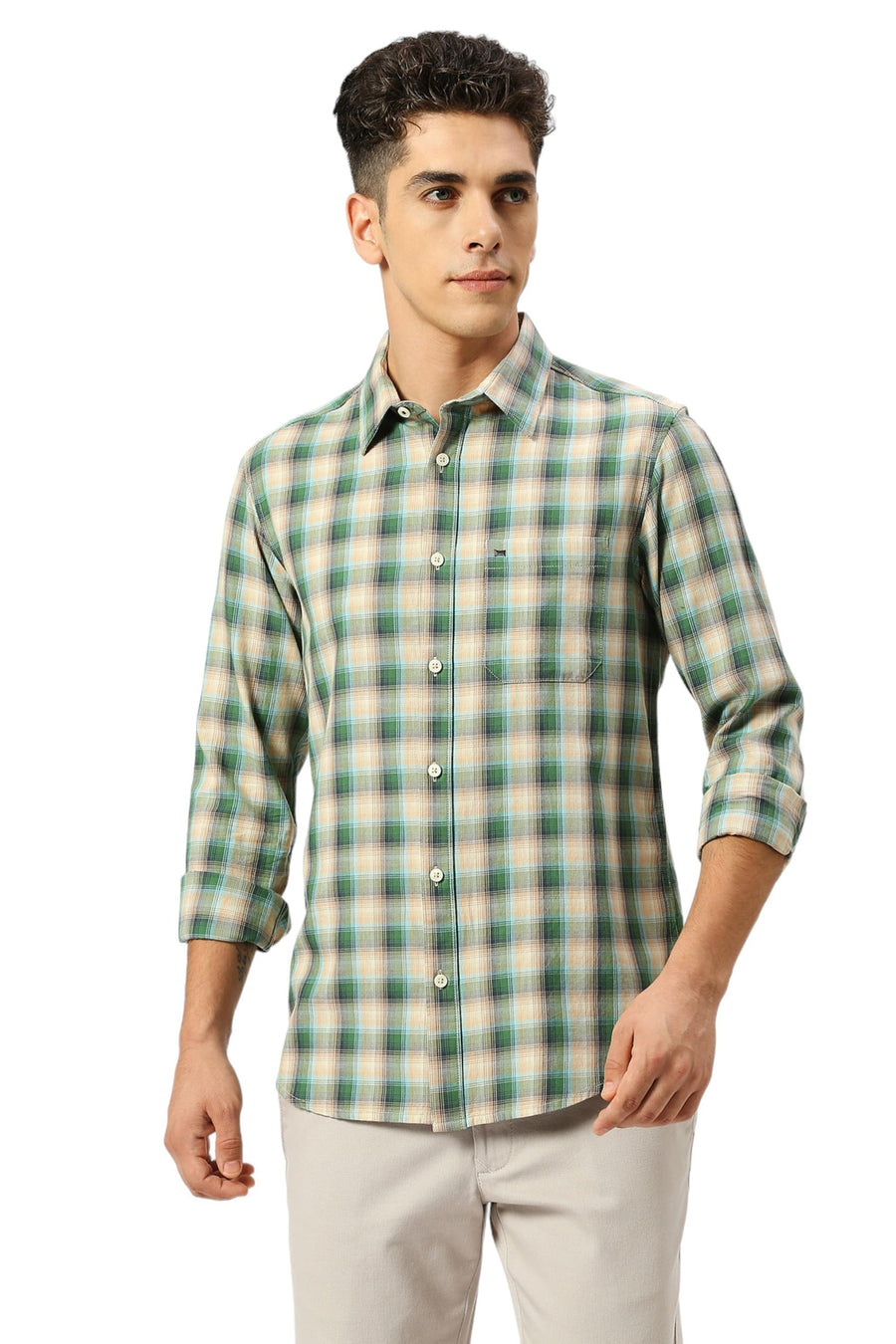 BASICS SLIM FIT DILL GREEN COTTON TWILL CHECKS SHIRT