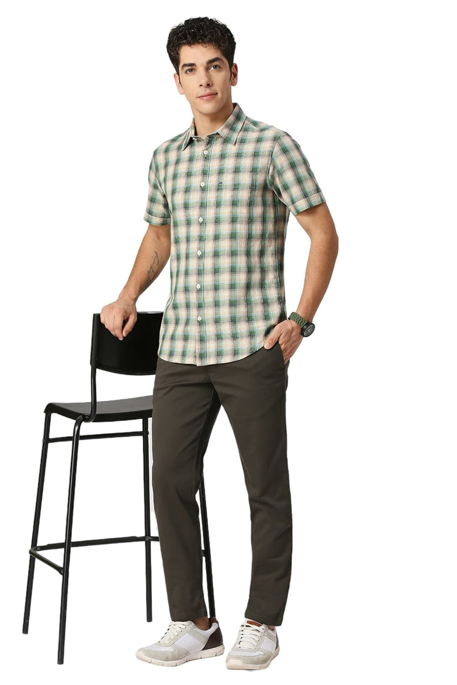 BASICS SLIM FIT DILL GREEN COTTON TWILL CHECKS HALFSLEEVES SHIRT
