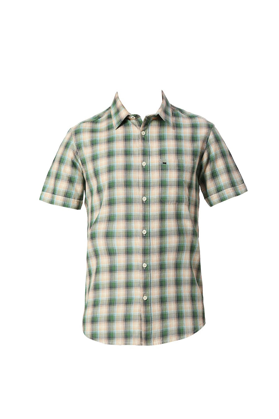 BASICS SLIM FIT DILL GREEN COTTON TWILL CHECKS HALFSLEEVES SHIRT