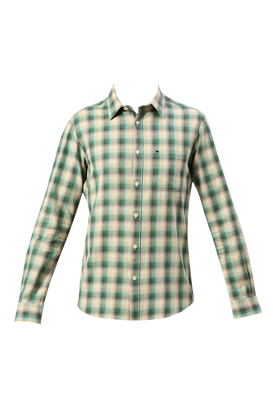 BASICS SLIM FIT DILL GREEN COTTON TWILL CHECKS SHIRT