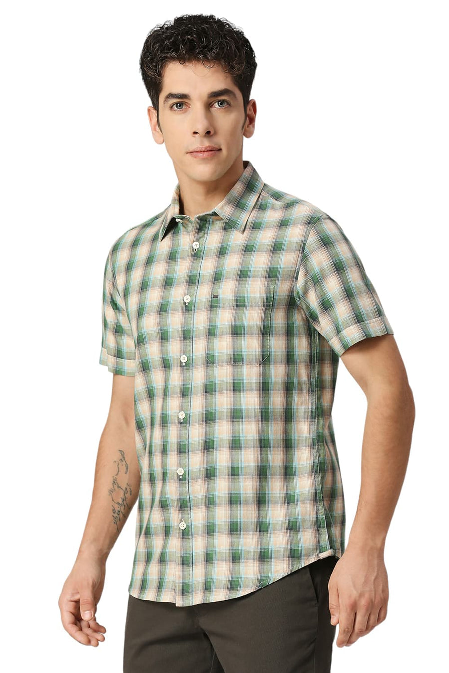 BASICS SLIM FIT DILL GREEN COTTON TWILL CHECKS HALFSLEEVES SHIRT