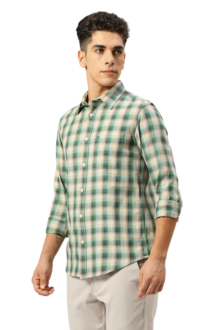 BASICS SLIM FIT DILL GREEN COTTON TWILL CHECKS SHIRT