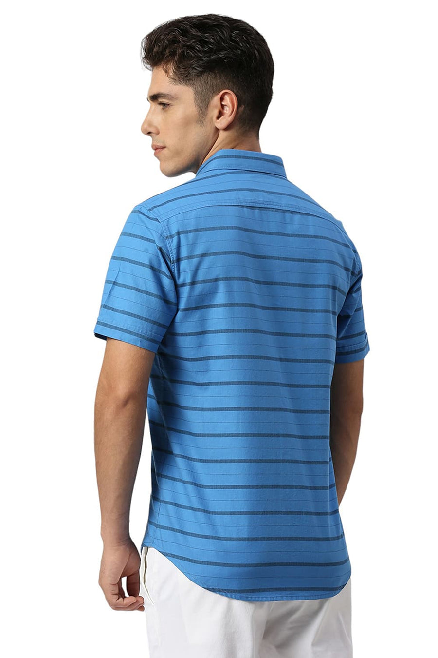 BASICS SLIM FIT INDIGO BLUE COTTON WEFT HERRINGBONE STRIPE HALFSLEEVES SHIRT
