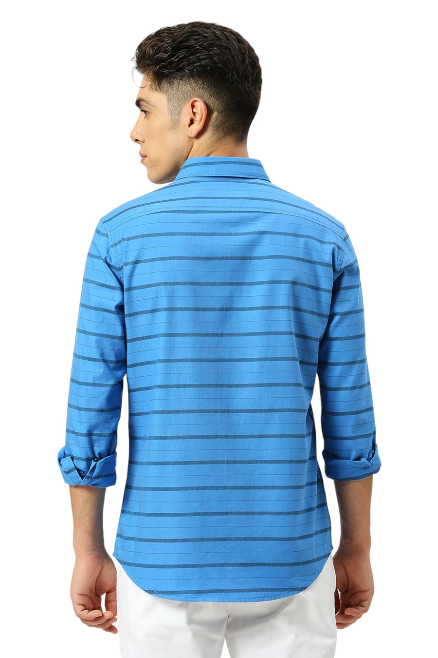 BASICS SLIM FIT INDIGO BLUE COTTON WEFT HERRINGBONE STRIPE SHIRT