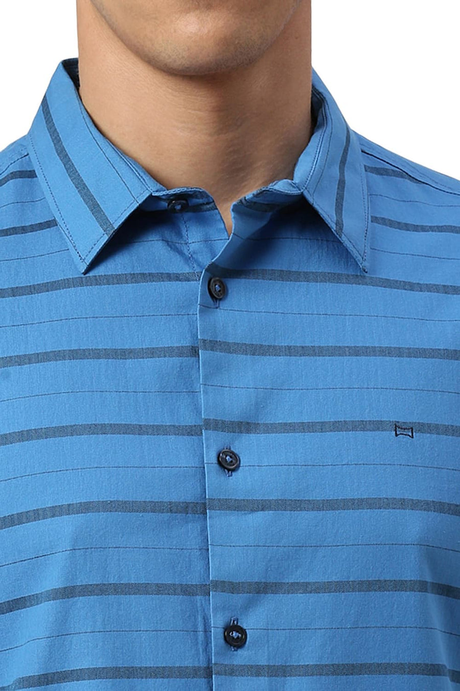 BASICS SLIM FIT INDIGO BLUE COTTON WEFT HERRINGBONE STRIPE HALFSLEEVES SHIRT