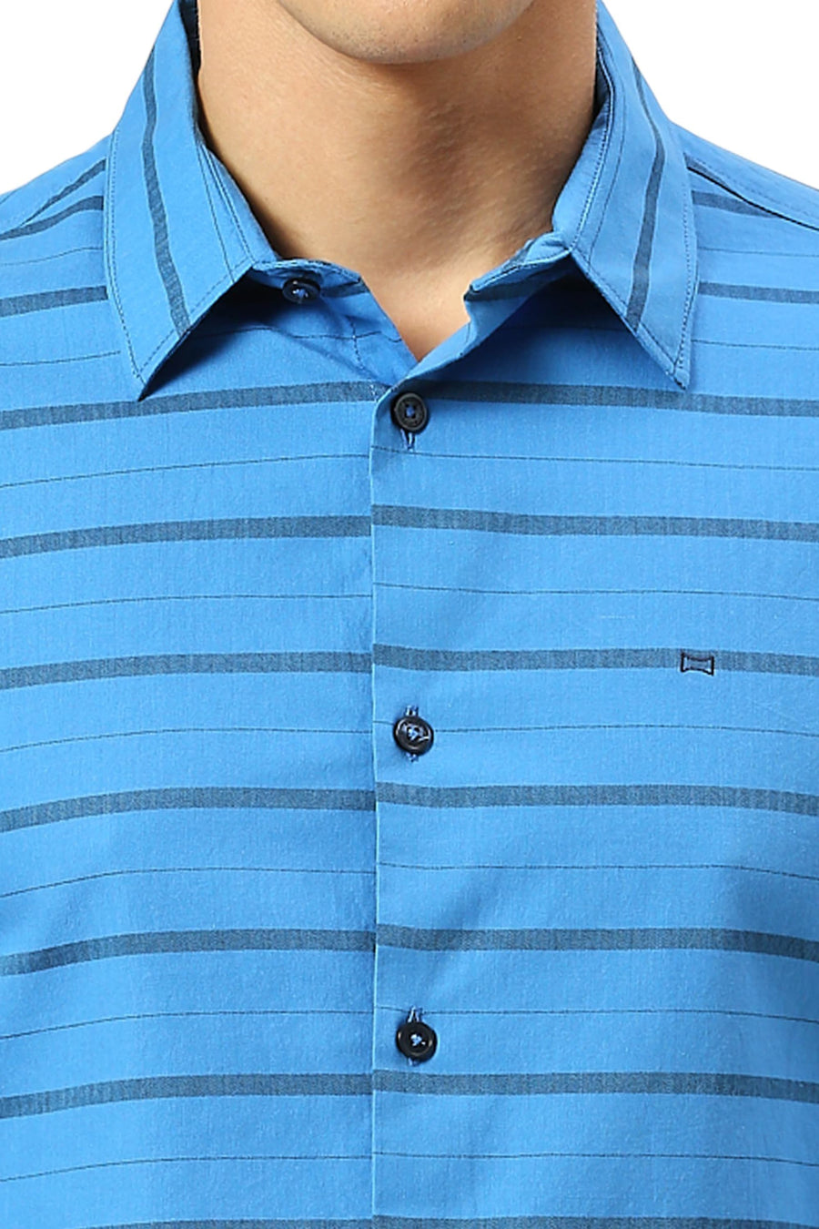 BASICS SLIM FIT INDIGO BLUE COTTON WEFT HERRINGBONE STRIPE SHIRT