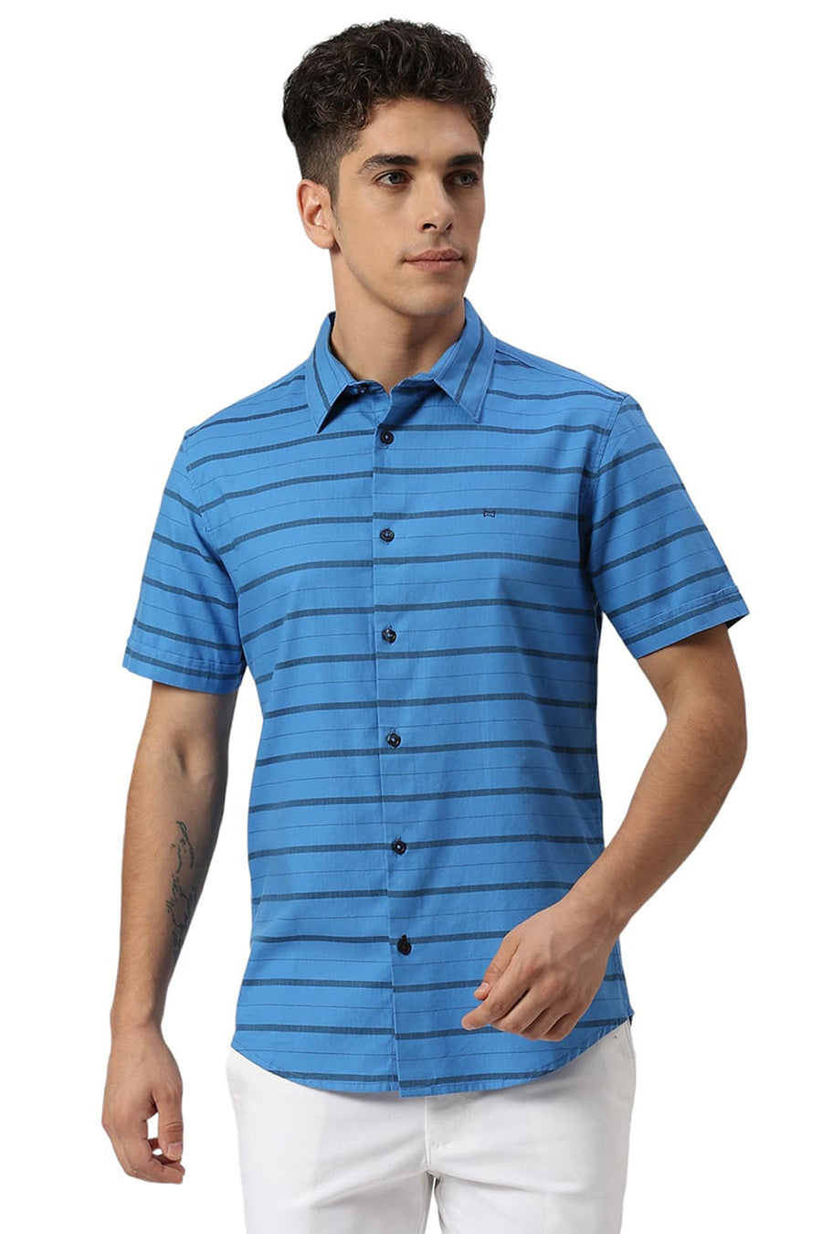 BASICS SLIM FIT INDIGO BLUE COTTON WEFT HERRINGBONE STRIPE HALFSLEEVES SHIRT