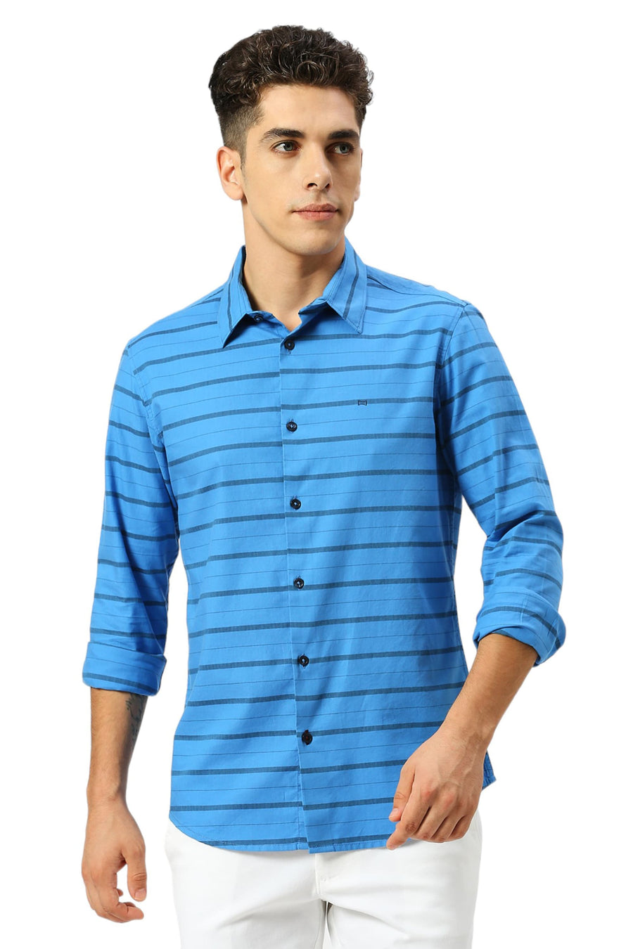 BASICS SLIM FIT INDIGO BLUE COTTON WEFT HERRINGBONE STRIPE SHIRT