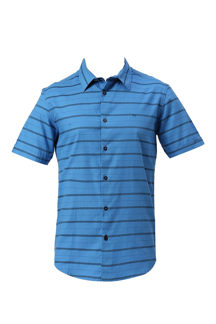 BASICS SLIM FIT INDIGO BLUE COTTON WEFT HERRINGBONE STRIPE HALFSLEEVES SHIRT