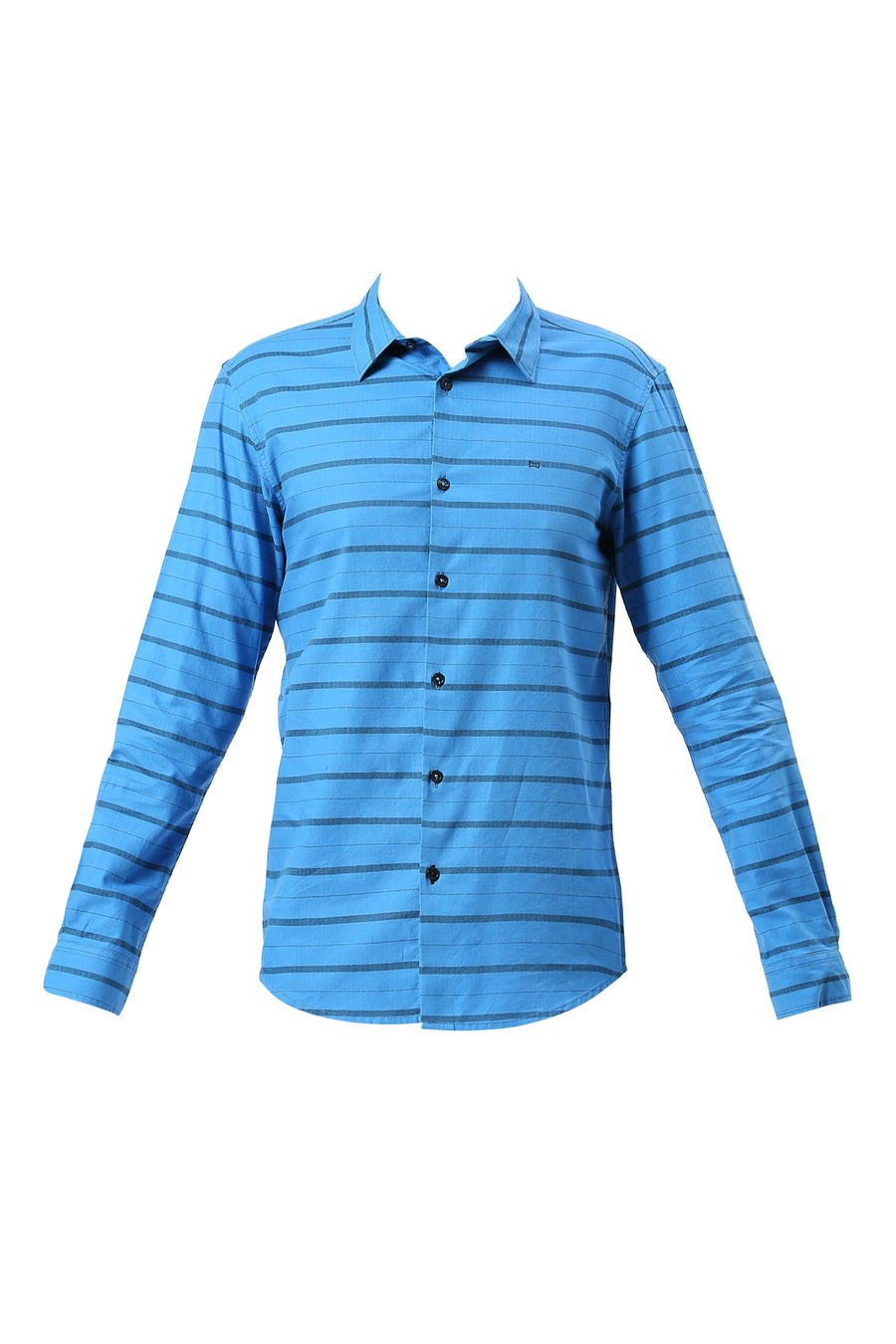 BASICS SLIM FIT INDIGO BLUE COTTON WEFT HERRINGBONE STRIPE SHIRT