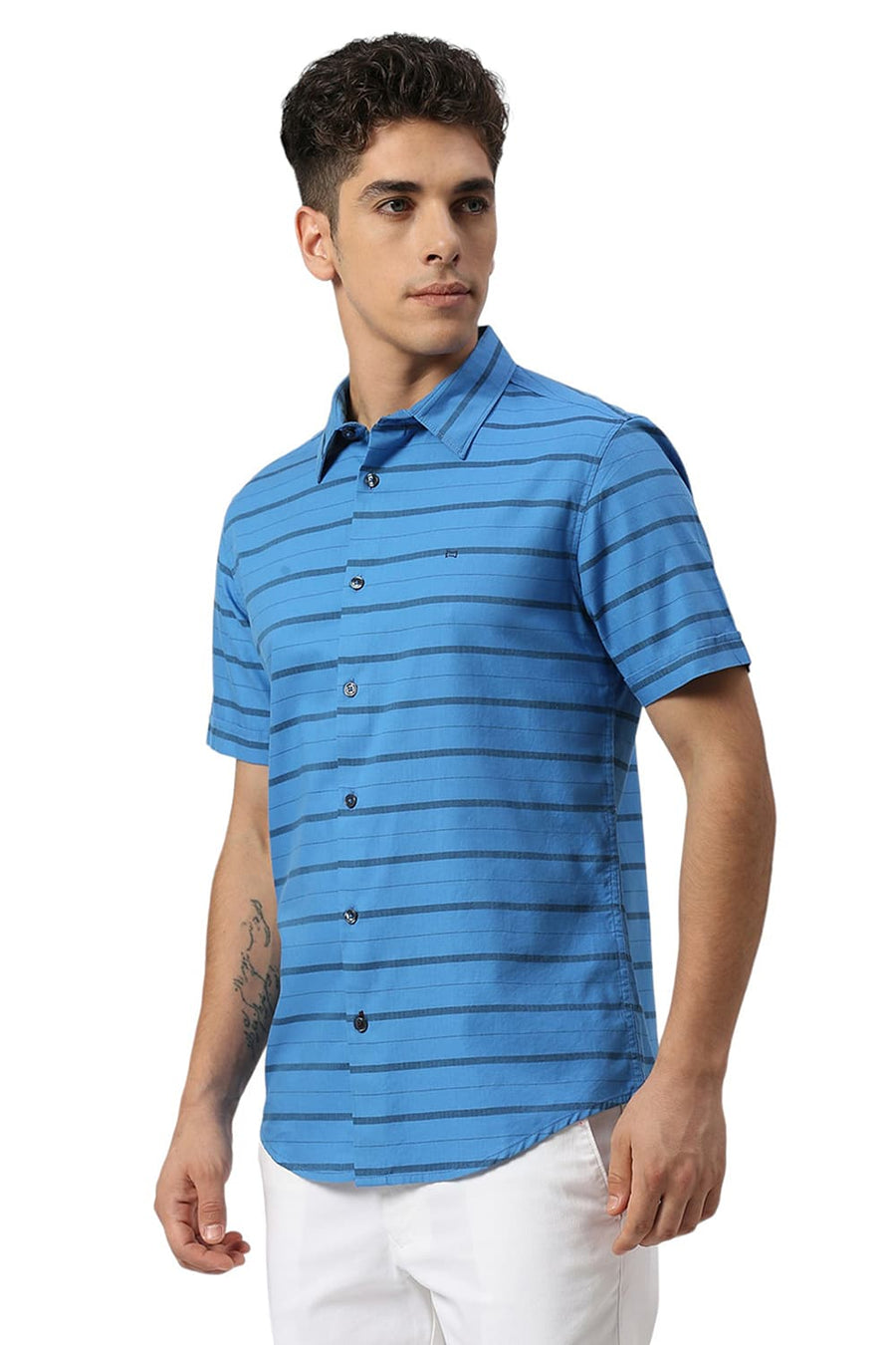 BASICS SLIM FIT INDIGO BLUE COTTON WEFT HERRINGBONE STRIPE HALFSLEEVES SHIRT