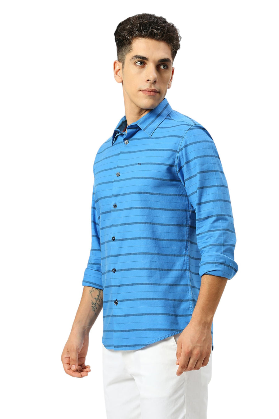 BASICS SLIM FIT INDIGO BLUE COTTON WEFT HERRINGBONE STRIPE SHIRT
