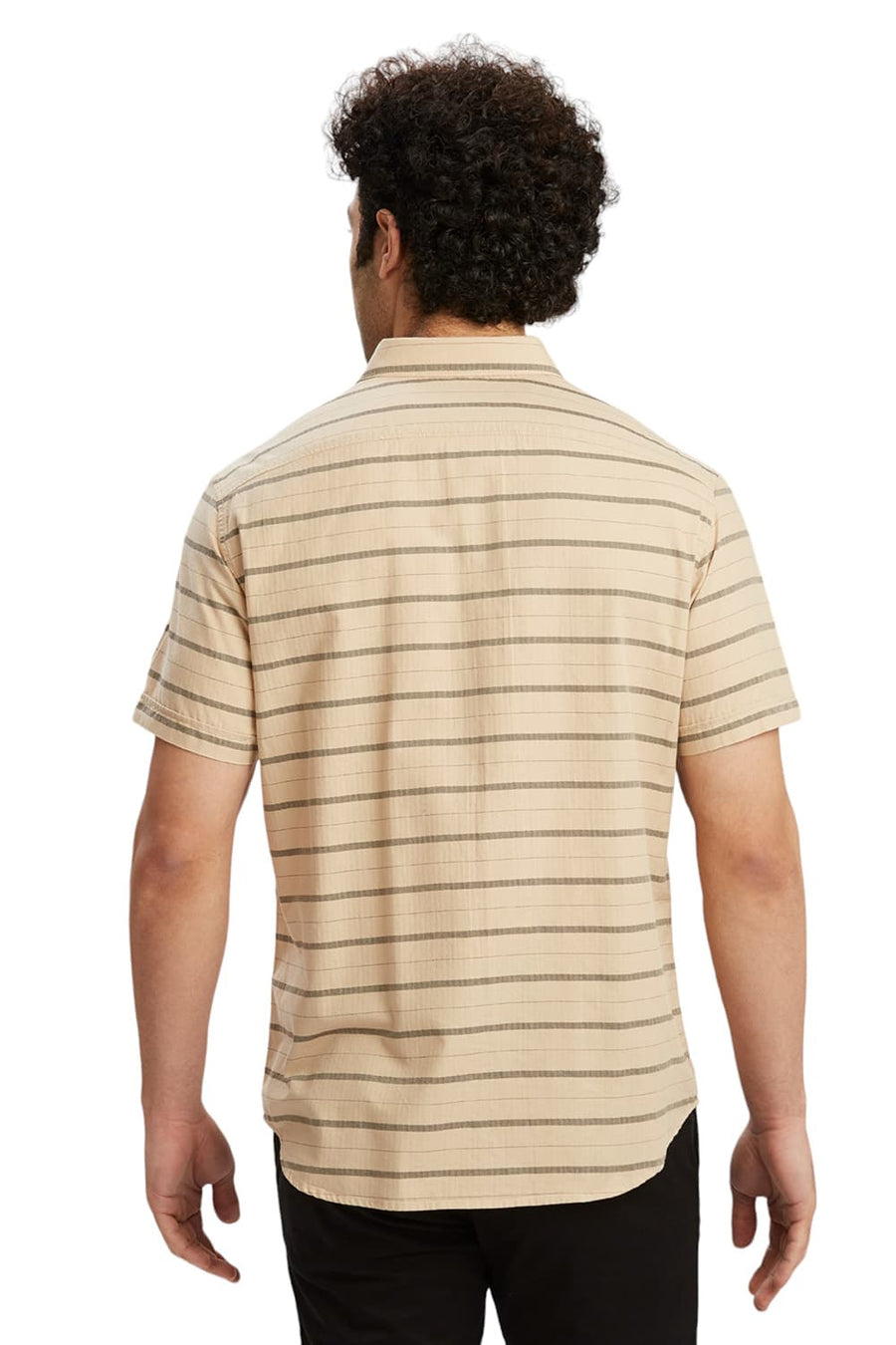 BASICS SLIM FIT ALMOND KHAKI COTTON WEFT HERRINGBONE STRIPE HALFSLEEVES SHIRT