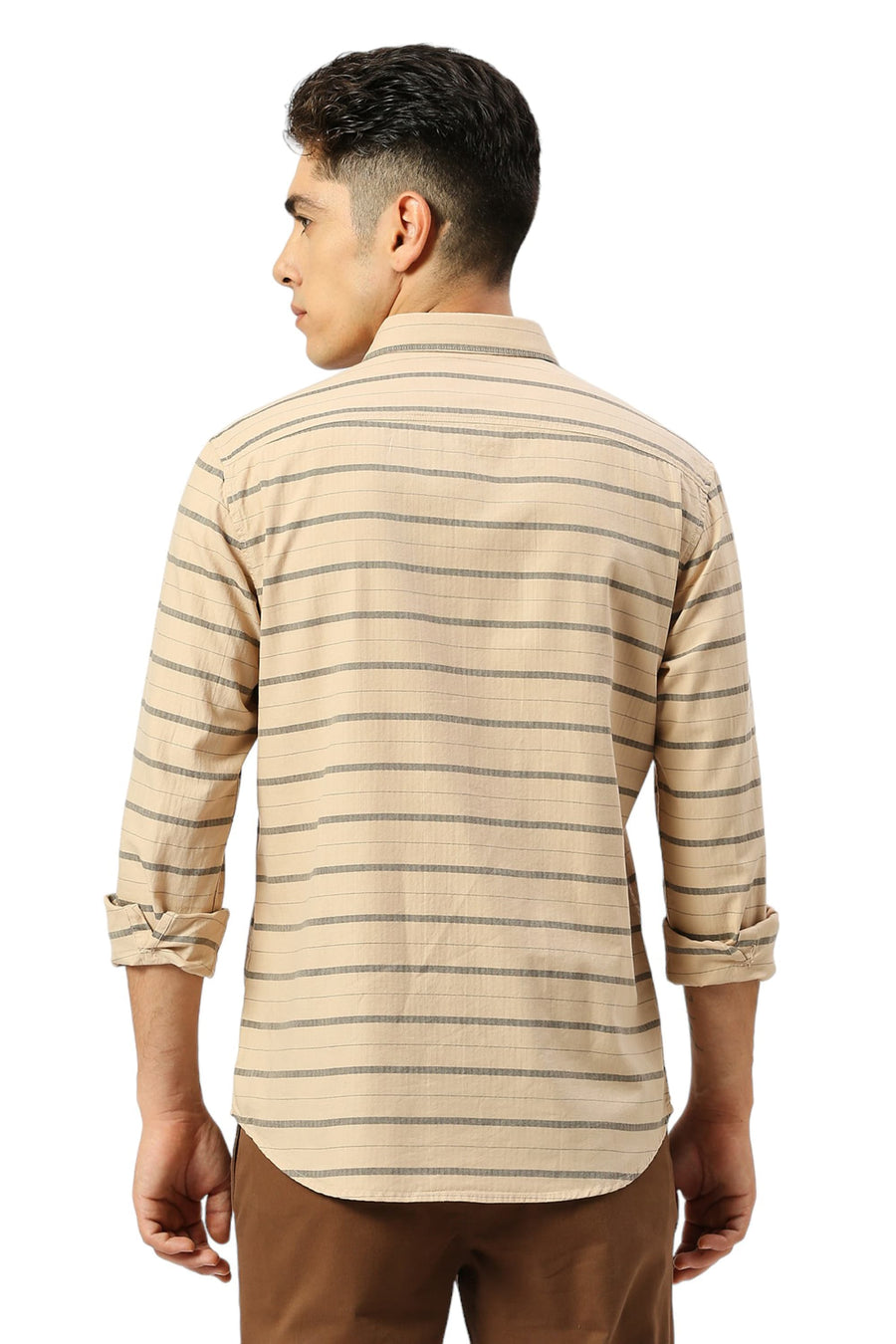 BASICS SLIM FIT ALMOND KHAKI COTTON WEFT HERRINGBONE STRIPE SHIRT