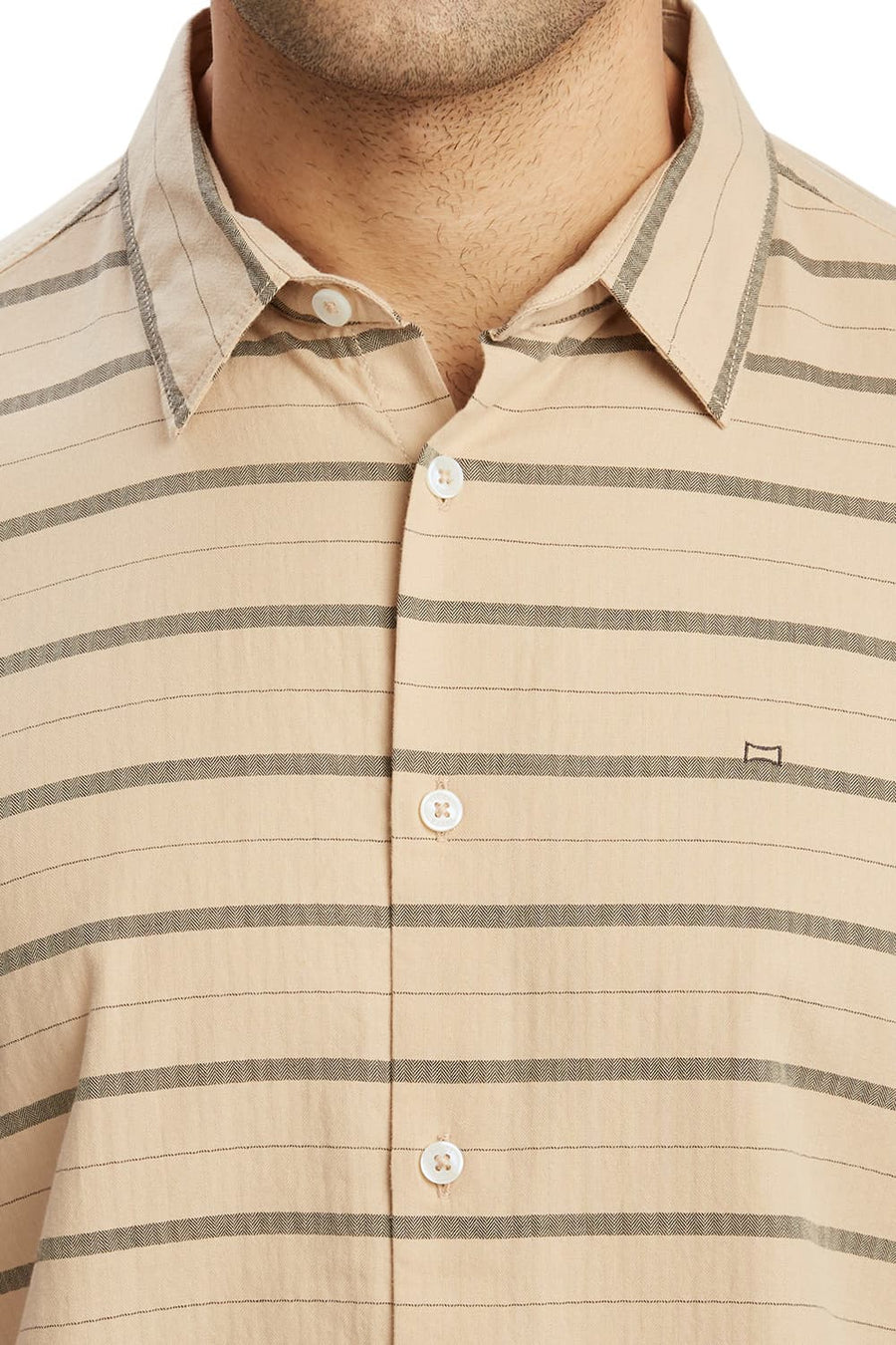 BASICS SLIM FIT ALMOND KHAKI COTTON WEFT HERRINGBONE STRIPE HALFSLEEVES SHIRT