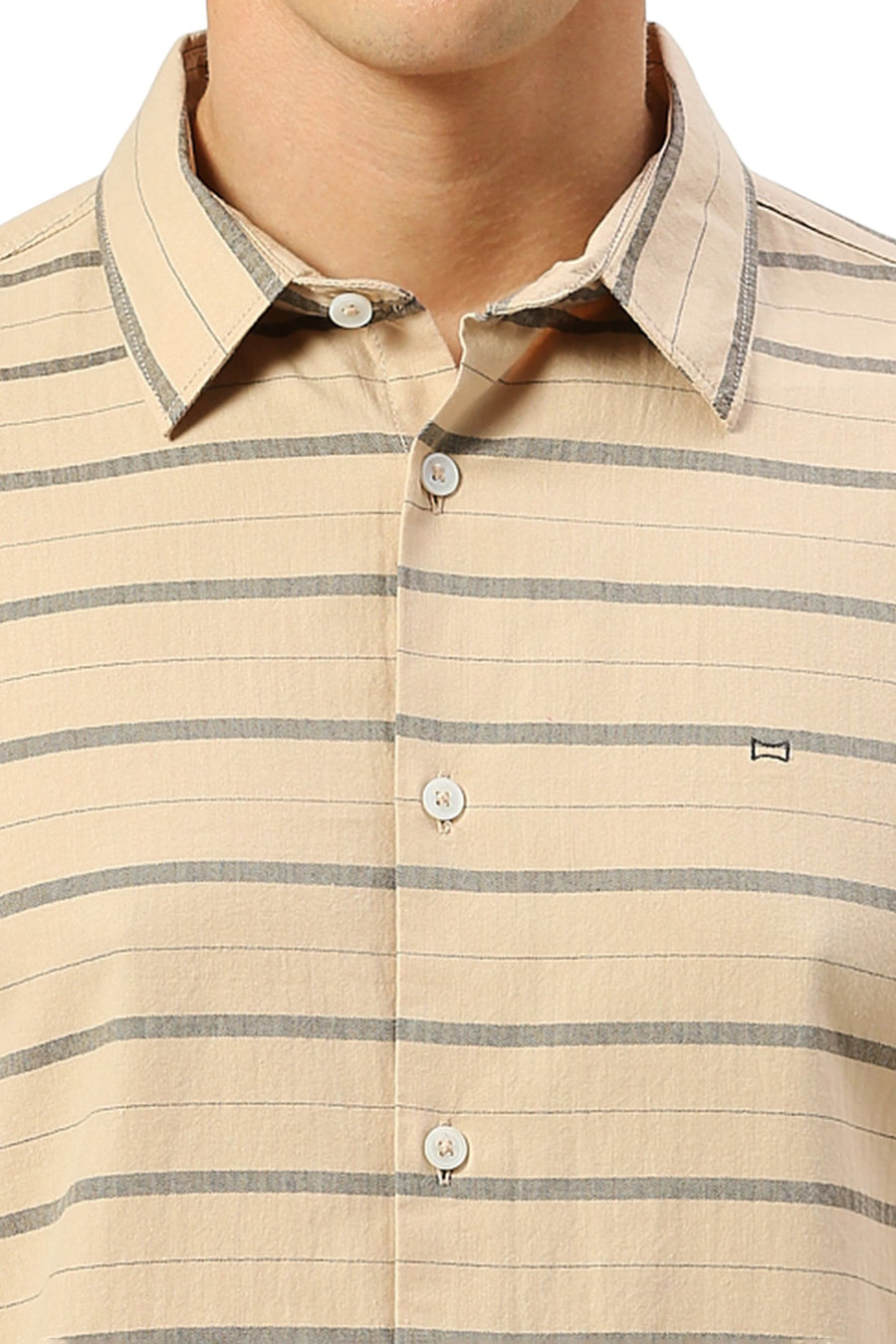 BASICS SLIM FIT ALMOND KHAKI COTTON WEFT HERRINGBONE STRIPE SHIRT
