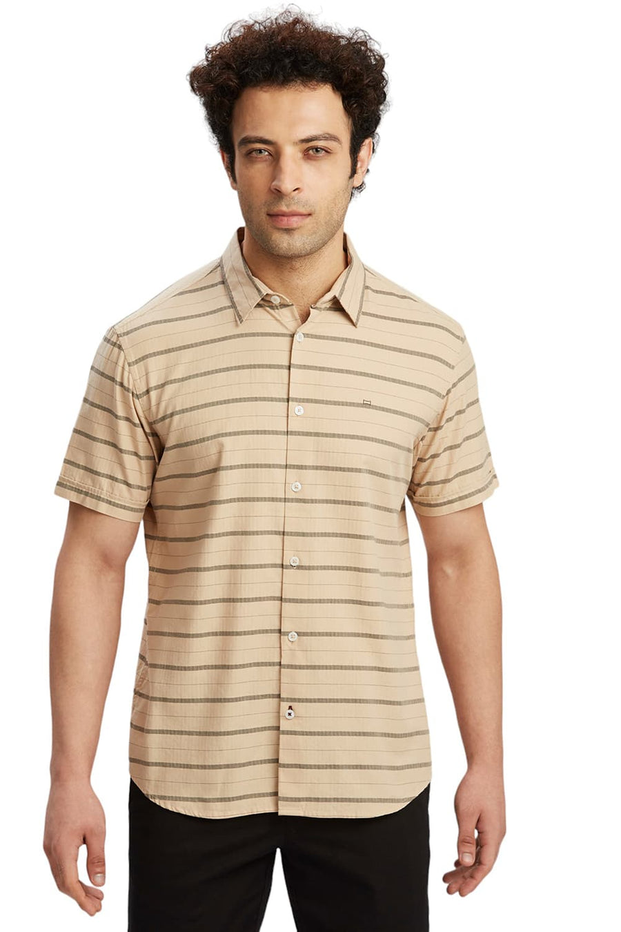 BASICS SLIM FIT ALMOND KHAKI COTTON WEFT HERRINGBONE STRIPE HALFSLEEVES SHIRT