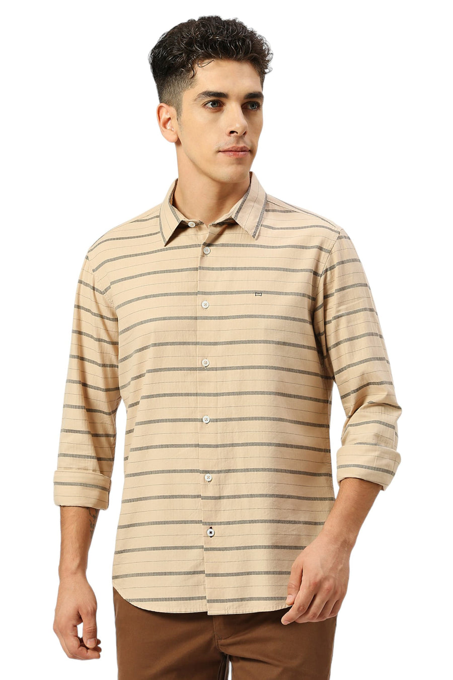 BASICS SLIM FIT ALMOND KHAKI COTTON WEFT HERRINGBONE STRIPE SHIRT