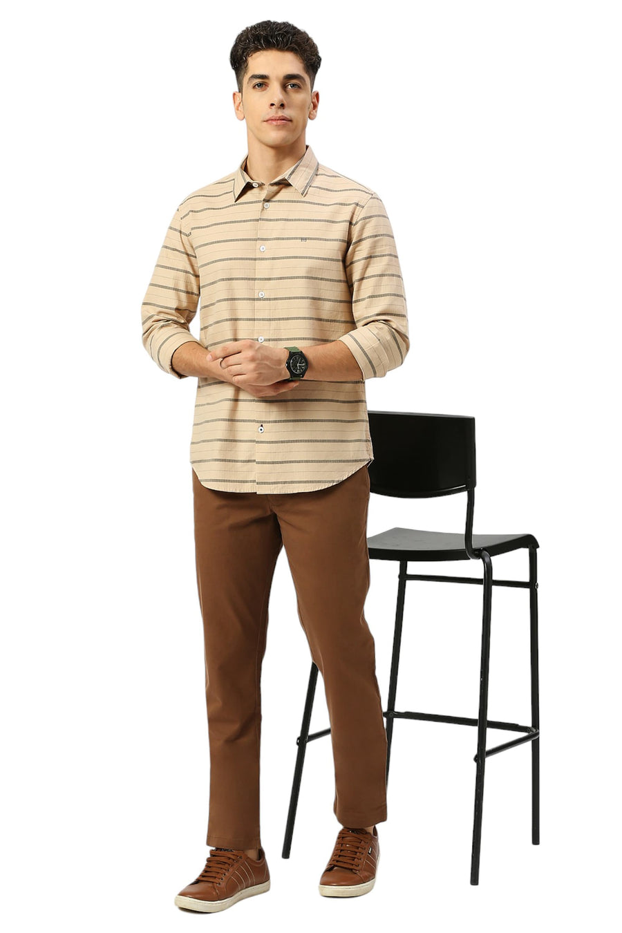 BASICS SLIM FIT ALMOND KHAKI COTTON WEFT HERRINGBONE STRIPE SHIRT