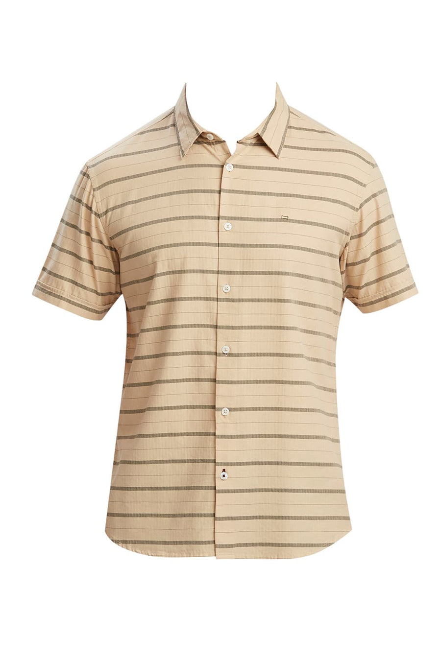 BASICS SLIM FIT ALMOND KHAKI COTTON WEFT HERRINGBONE STRIPE HALFSLEEVES SHIRT