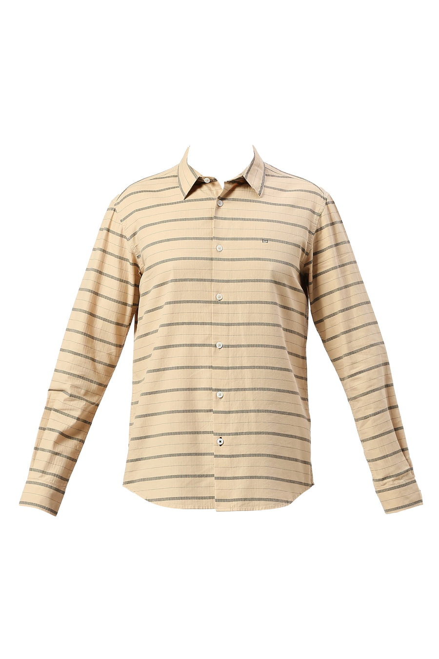 BASICS SLIM FIT ALMOND KHAKI COTTON WEFT HERRINGBONE STRIPE SHIRT