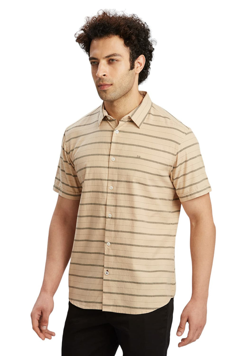 BASICS SLIM FIT ALMOND KHAKI COTTON WEFT HERRINGBONE STRIPE HALFSLEEVES SHIRT