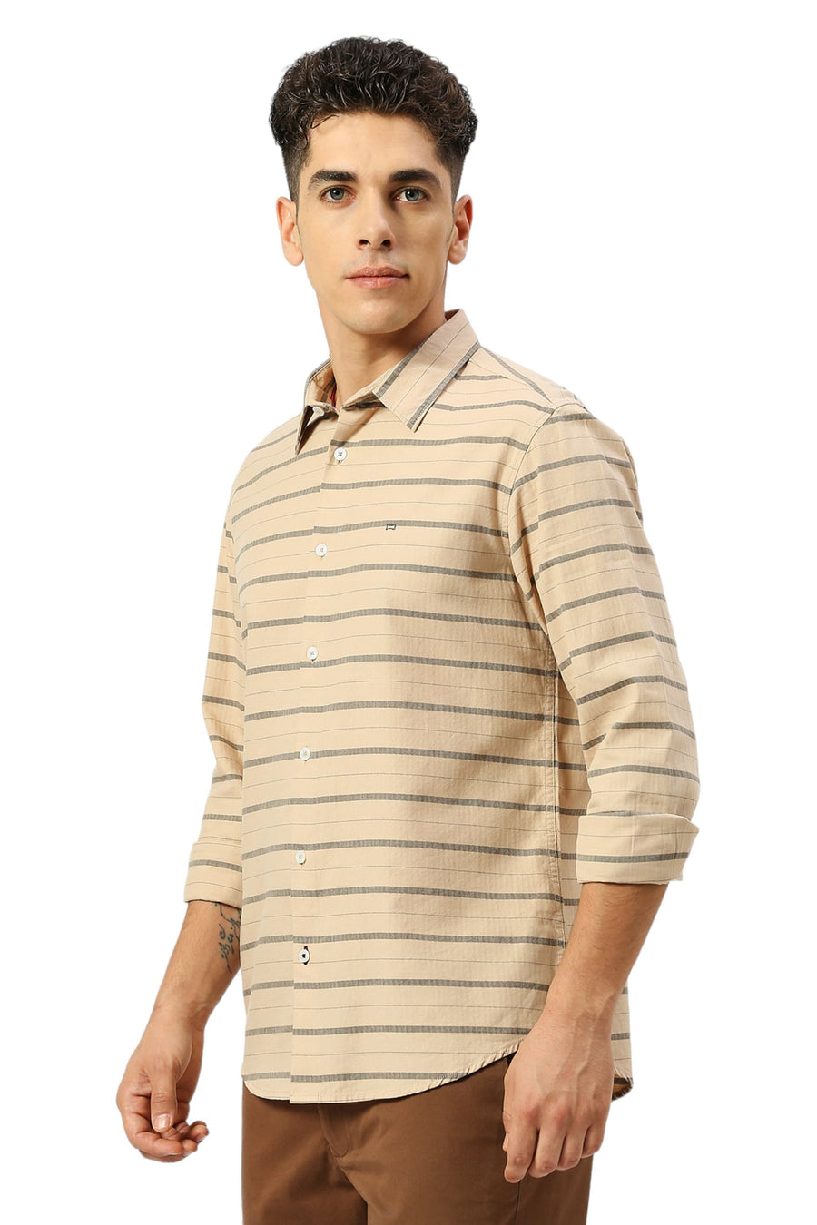 BASICS SLIM FIT ALMOND KHAKI COTTON WEFT HERRINGBONE STRIPE SHIRT