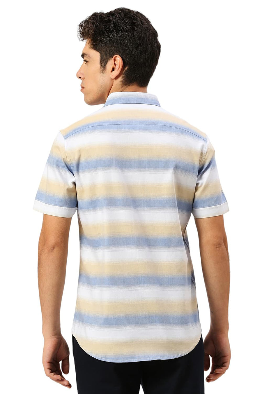 BASICS SLIM FIT LICHEN BLUE COTTON WEFT HERRINGBONE STRIPE HALFSLEEVES SHIRT